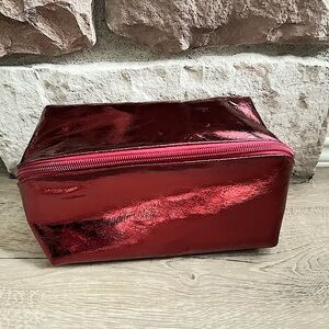 Beautiful Ruby red makeup bag, two interior compartments, diagonal zipper